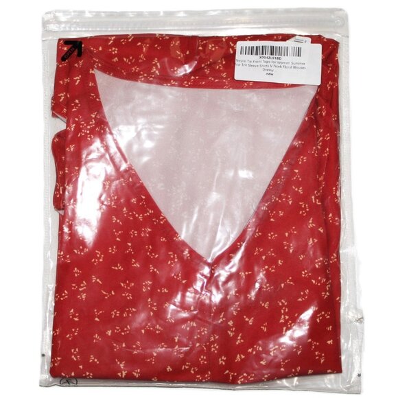 Boho Floral Blouse Casual 3/4 Sleeve V-Neck Tie Front Batwing Flower Red Medium - Picture 4 of 4